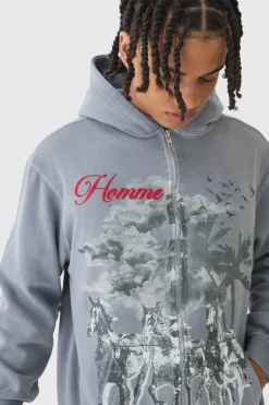 Oversized Washed Horse Print Zip Through Hoodie | UK^boohooMAN Sale
