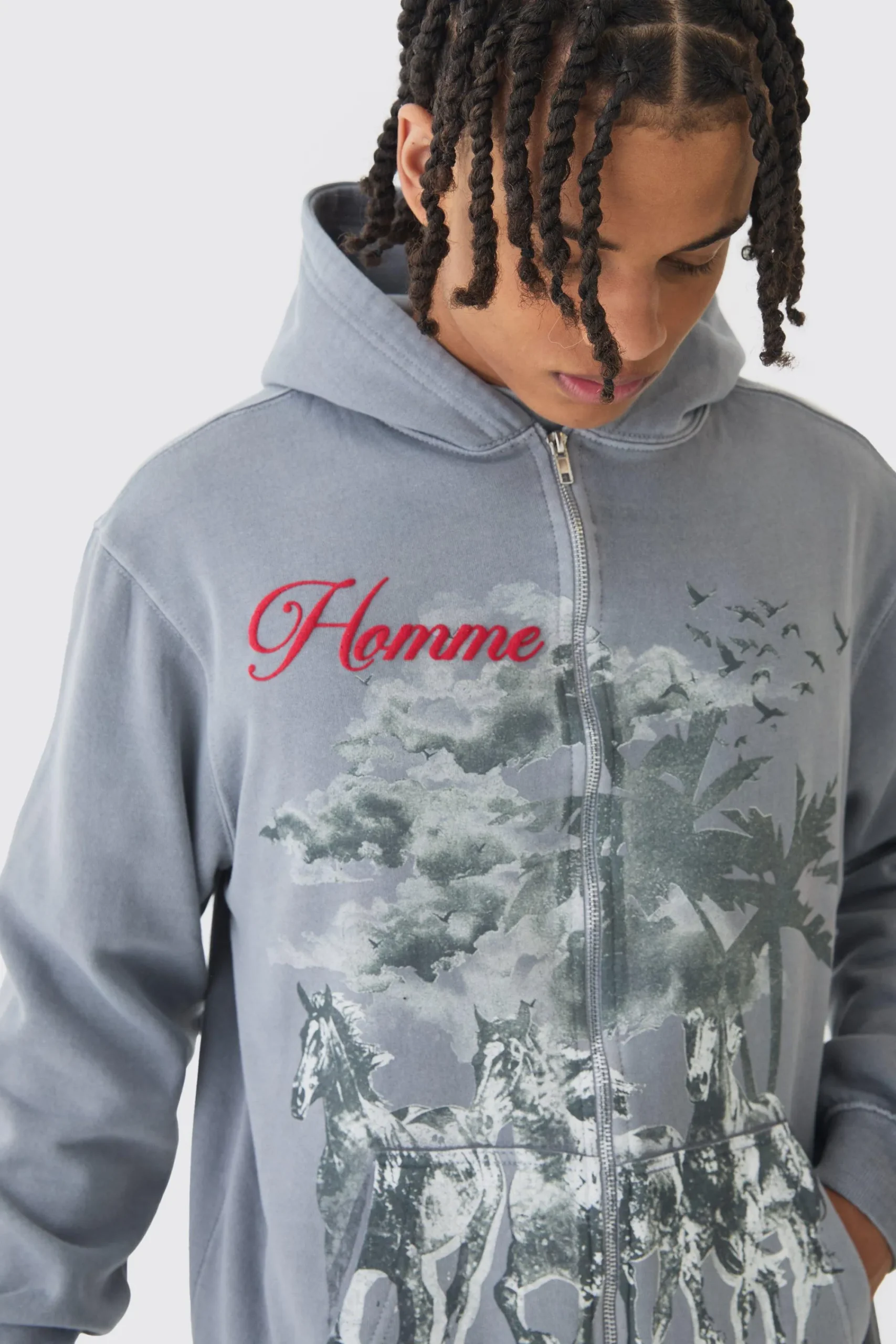 Oversized Washed Horse Print Zip Through Hoodie | UK^boohooMAN Sale