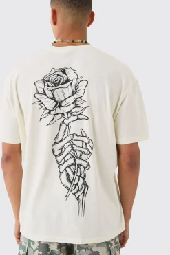 Oversized Washed Rose Line Drawn Back Print T-Shirt | UK^boohooMAN Best