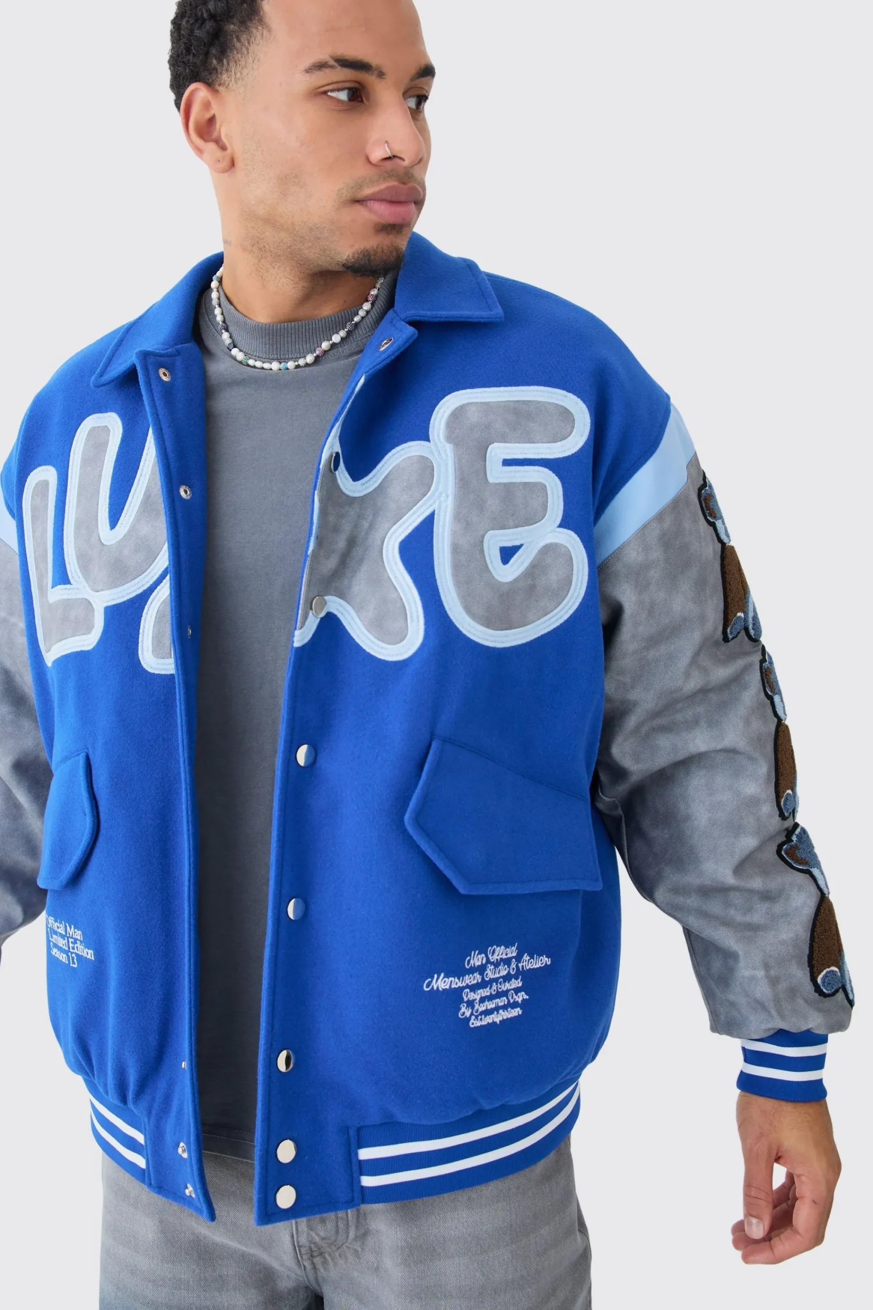 boohooMAN Oversized Washed Sleeve Teddy Varsity Jacket | UK| Coats & Jackets
