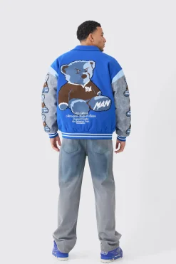 boohooMAN Oversized Washed Sleeve Teddy Varsity Jacket | UK| Coats & Jackets