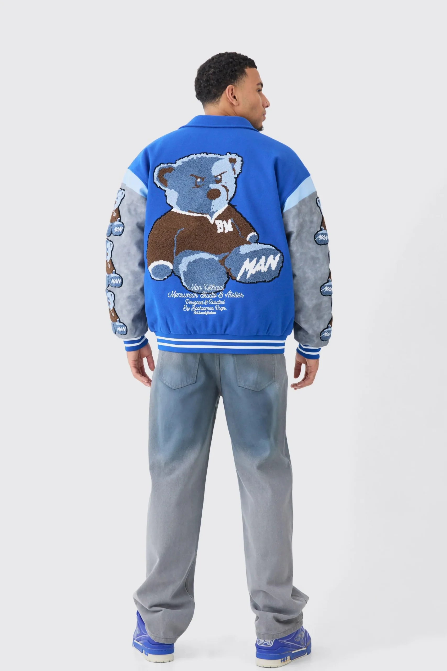 boohooMAN Oversized Washed Sleeve Teddy Varsity Jacket | UK| Coats & Jackets