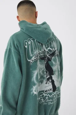 boohooMAN Oversized Washed Tonal Worldwd Renaissance Print Hoodie | UK| Hoodies & Sweatshirts