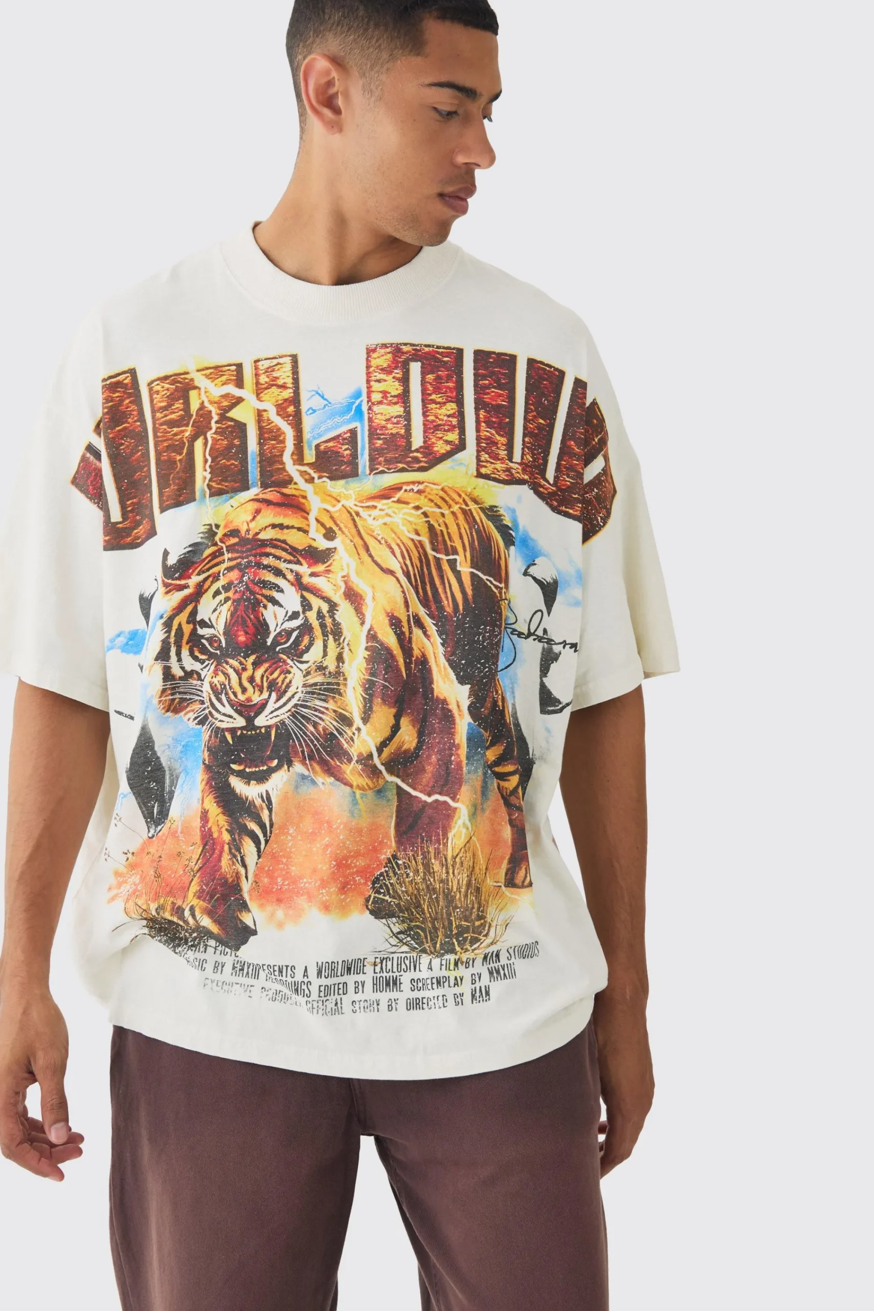 Oversized Western Worldwide Tiger Large Scale Wash Print T-Shirt | UK^boohooMAN