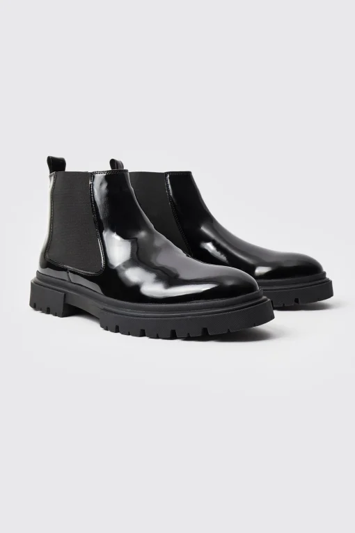 boohooMAN Patent Chelsea Boots With Track Sole | UK| Boots