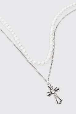 boohooMAN Pearl & Chain Necklace With Cross Pendant In | UK| Jewellery & Watches
