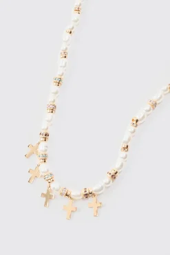 boohooMAN Pearl Bead Necklace With Cross Charms In | UK| Jewellery & Watches