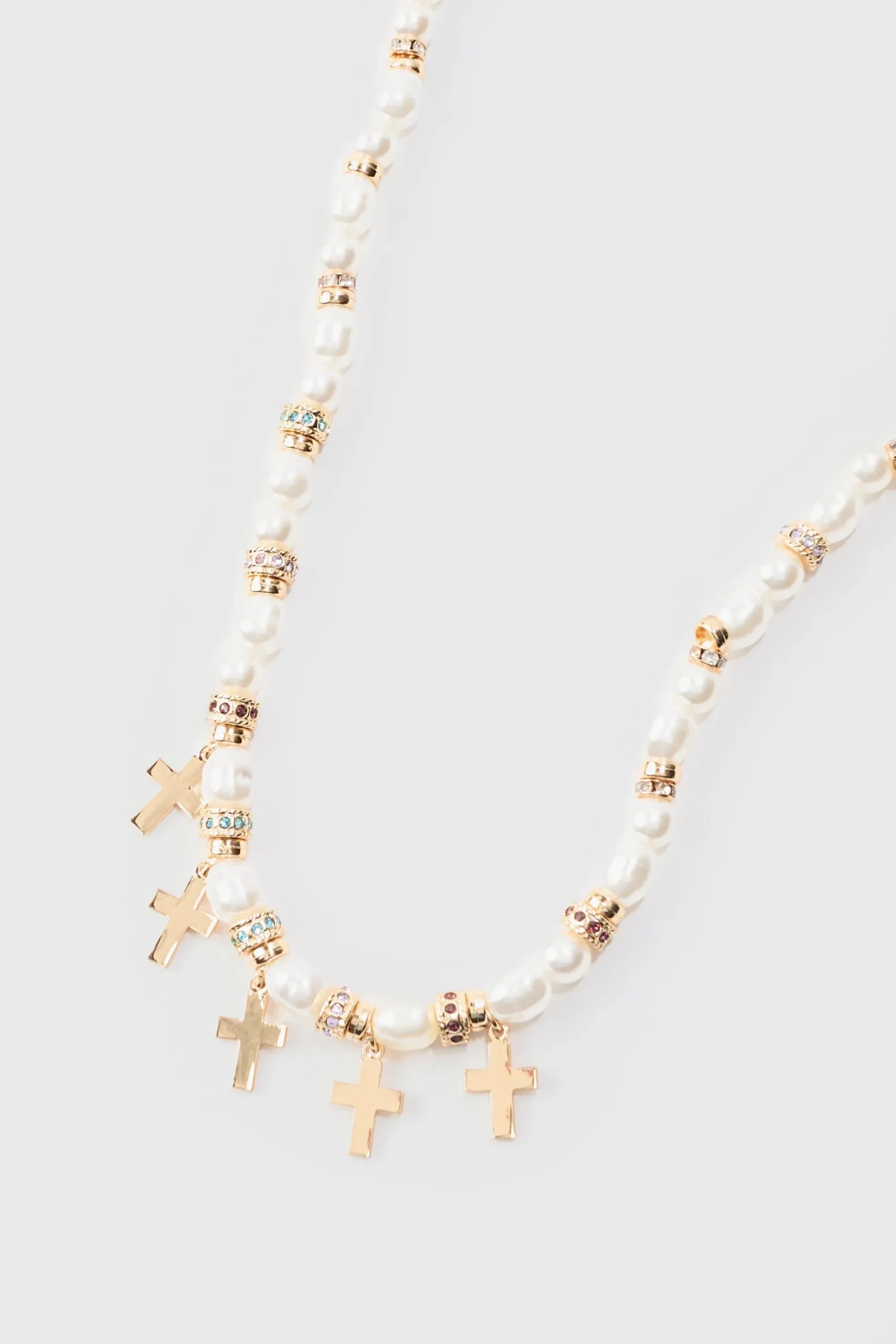 boohooMAN Pearl Bead Necklace With Cross Charms In | UK| Jewellery & Watches