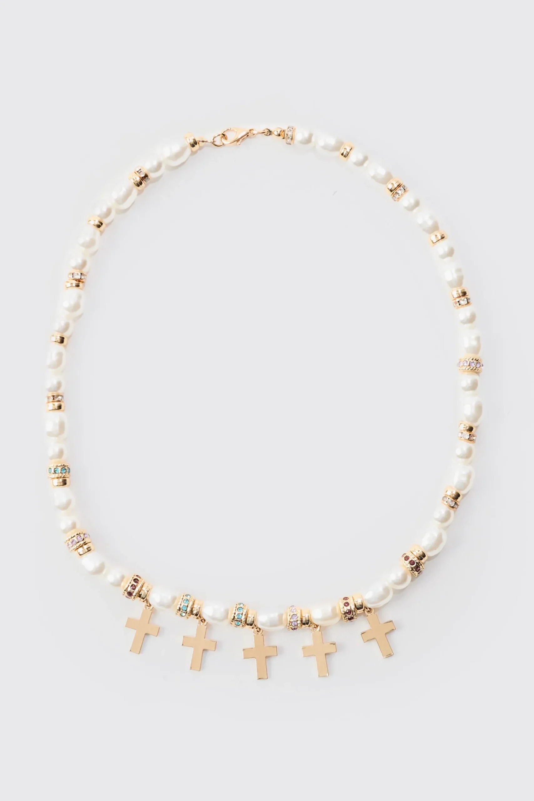 boohooMAN Pearl Bead Necklace With Cross Charms In | UK| Jewellery & Watches