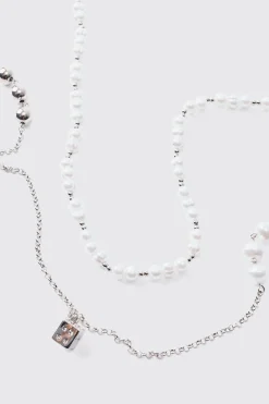 boohooMAN Pearl Chain And Dice Pendant Multi Layer Necklace | UK| Jewellery & Watches