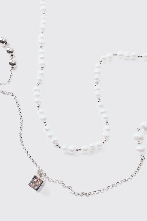 boohooMAN Pearl Chain And Dice Pendant Multi Layer Necklace | UK| Jewellery & Watches
