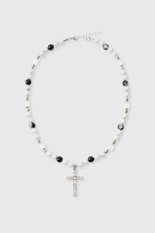 boohooMAN Pearl Cross Pendant Necklace | UK| Jewellery & Watches