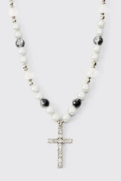 boohooMAN Pearl Cross Pendant Necklace | UK| Jewellery & Watches