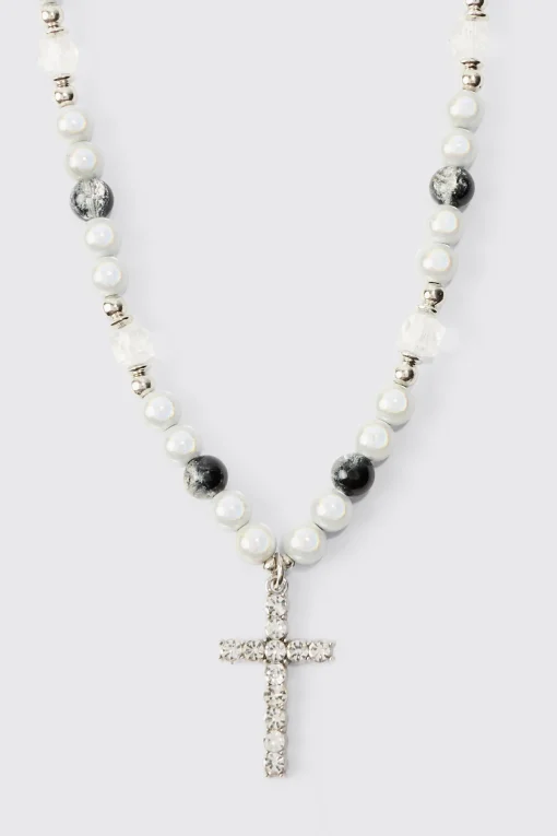 boohooMAN Pearl Cross Pendant Necklace | UK| Jewellery & Watches