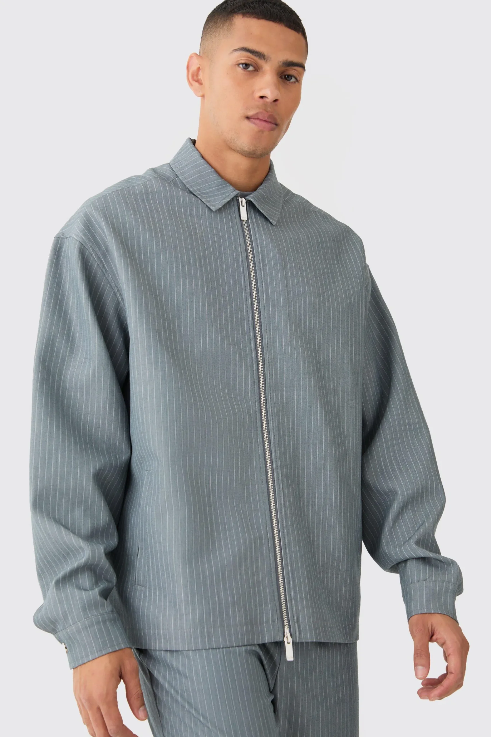 boohooMAN Pinstripe Relaxed Fit Longline Smart Harrington Jacket | UK| Suits & Tailoring