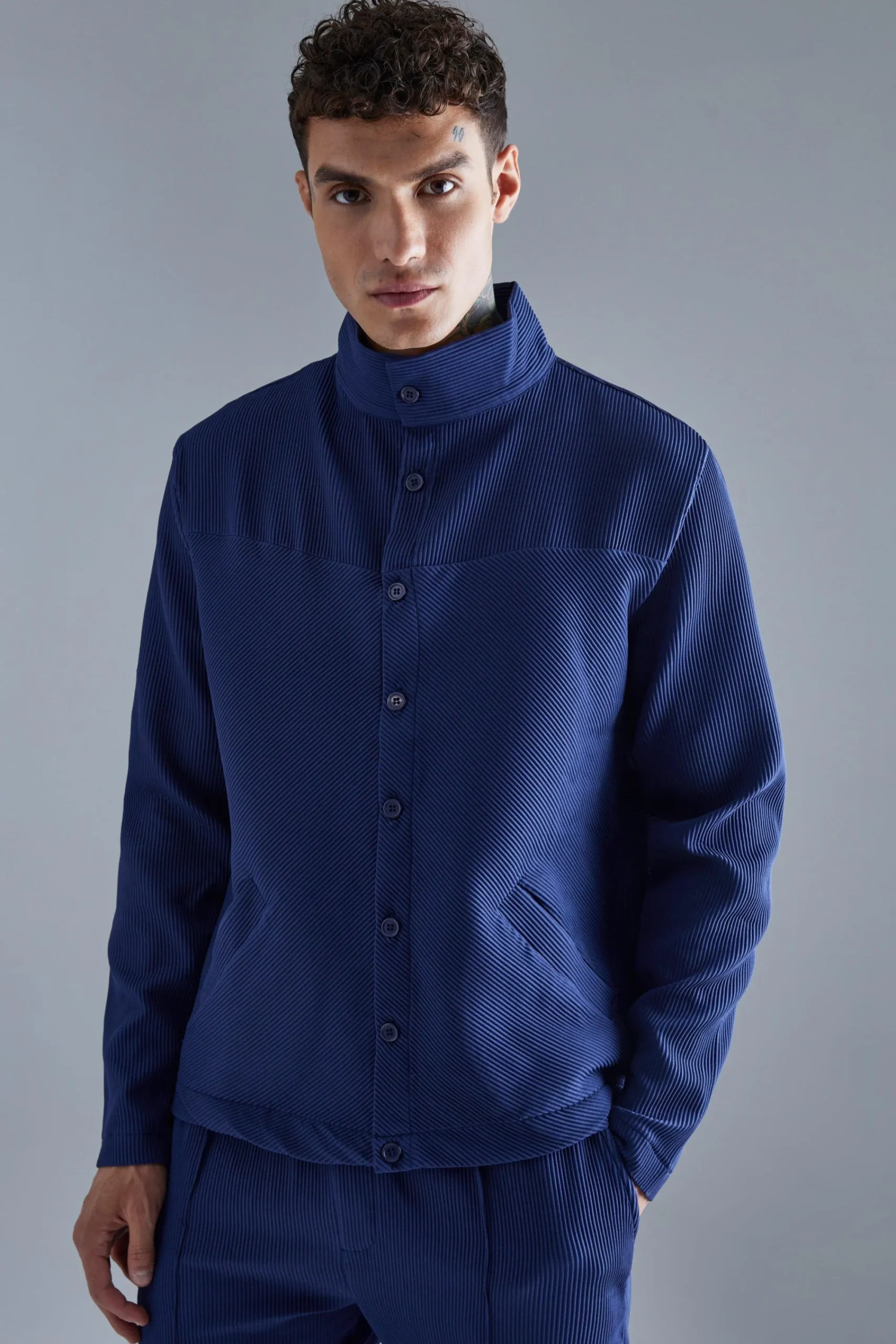 boohooMAN Pleated Harrington & Elasticated Pintuck Trouser Set | UK| Sets & Co-Ords