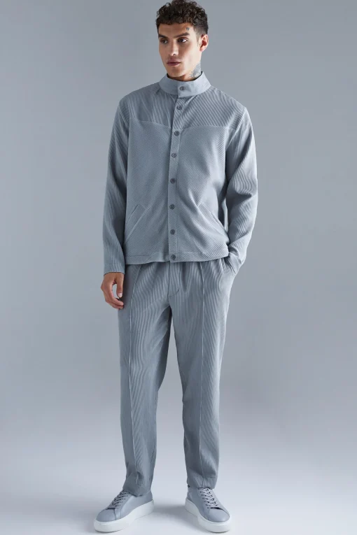 boohooMAN Pleated Harrington & Elasticated Pintuck Trouser Set | UK| Sets & Co-Ords