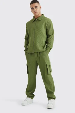 boohooMAN Pleated Zip Shirt & Elasticated Straight Cargo Set | UK| Sets & Co-Ords