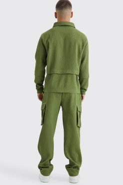 boohooMAN Pleated Zip Shirt & Elasticated Straight Cargo Set | UK| Sets & Co-Ords