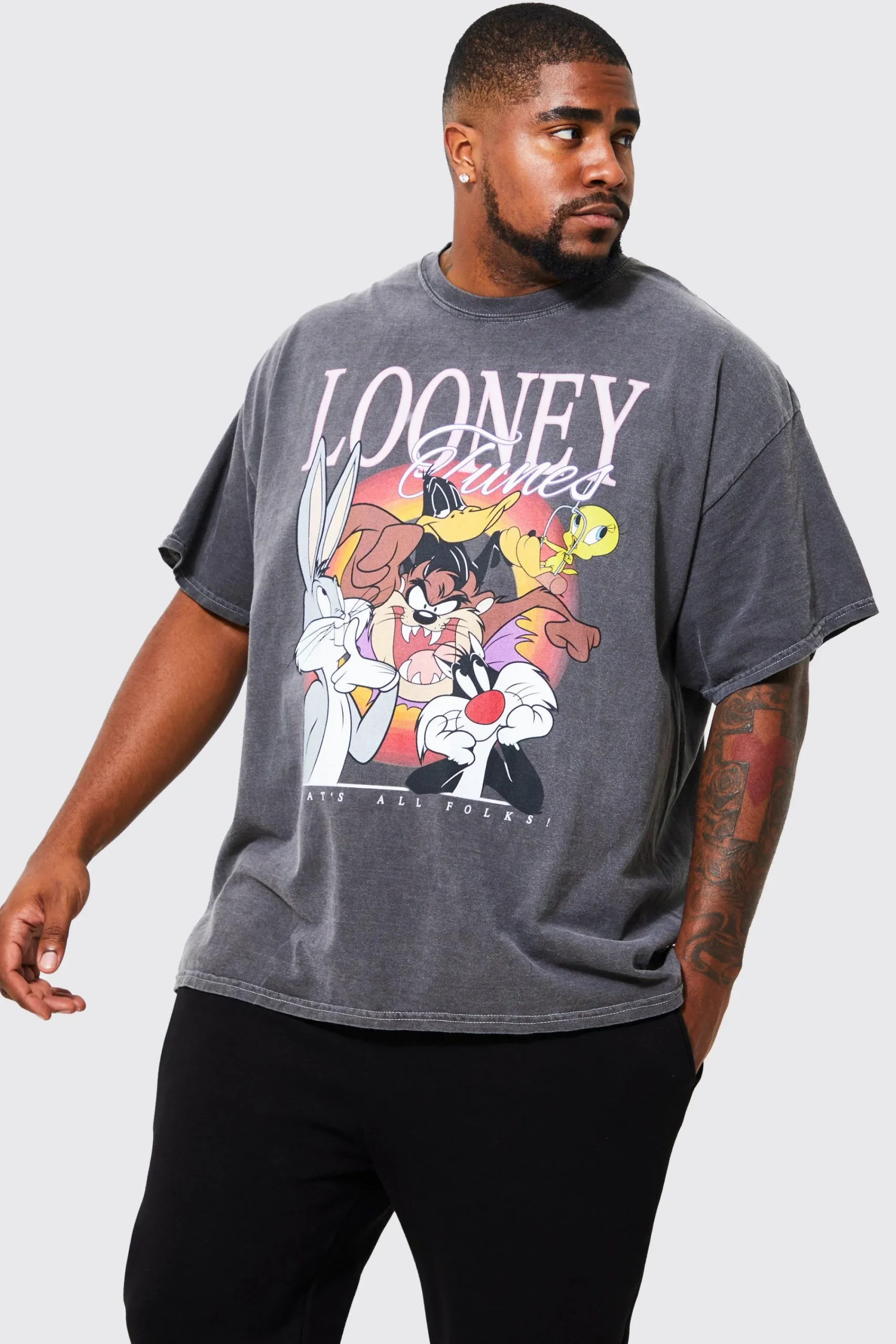 Plus Acid Wash Looney Tunes License T-shirt | UK^boohooMAN Outlet