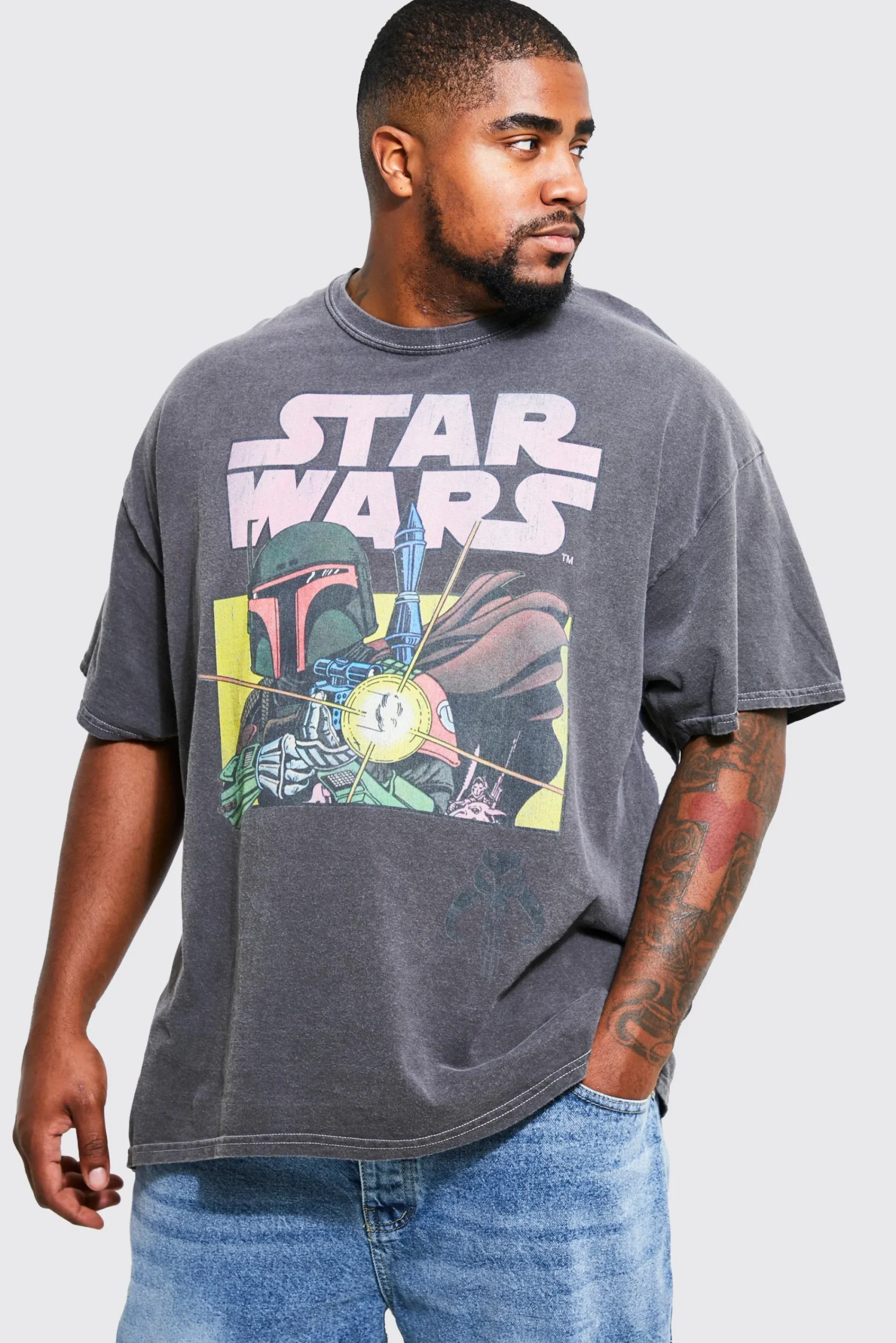 Plus Acid Wash Star Wars License T-shirt | UK^boohooMAN Best