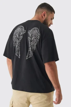 Plus Angel Wing Rhinestone Printed T-Shirt In | UK^boohooMAN Best