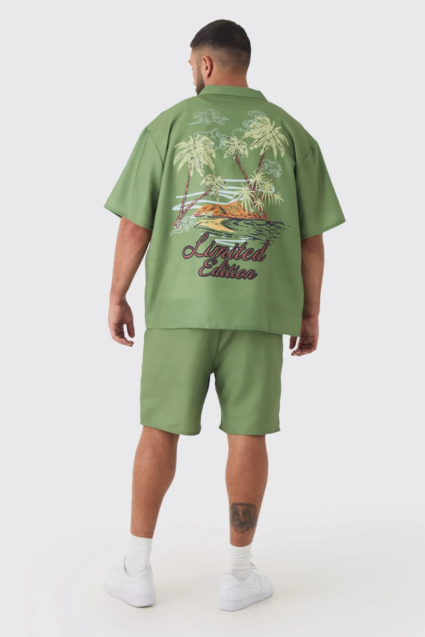 boohooMAN Plus Back Print Linen Look Shirt & Short Set | UK| Sets & Co-Ords