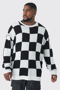 boohooMAN Plus Boucle Knit Checkered Crew Neck Jumper | UK| Knitwear