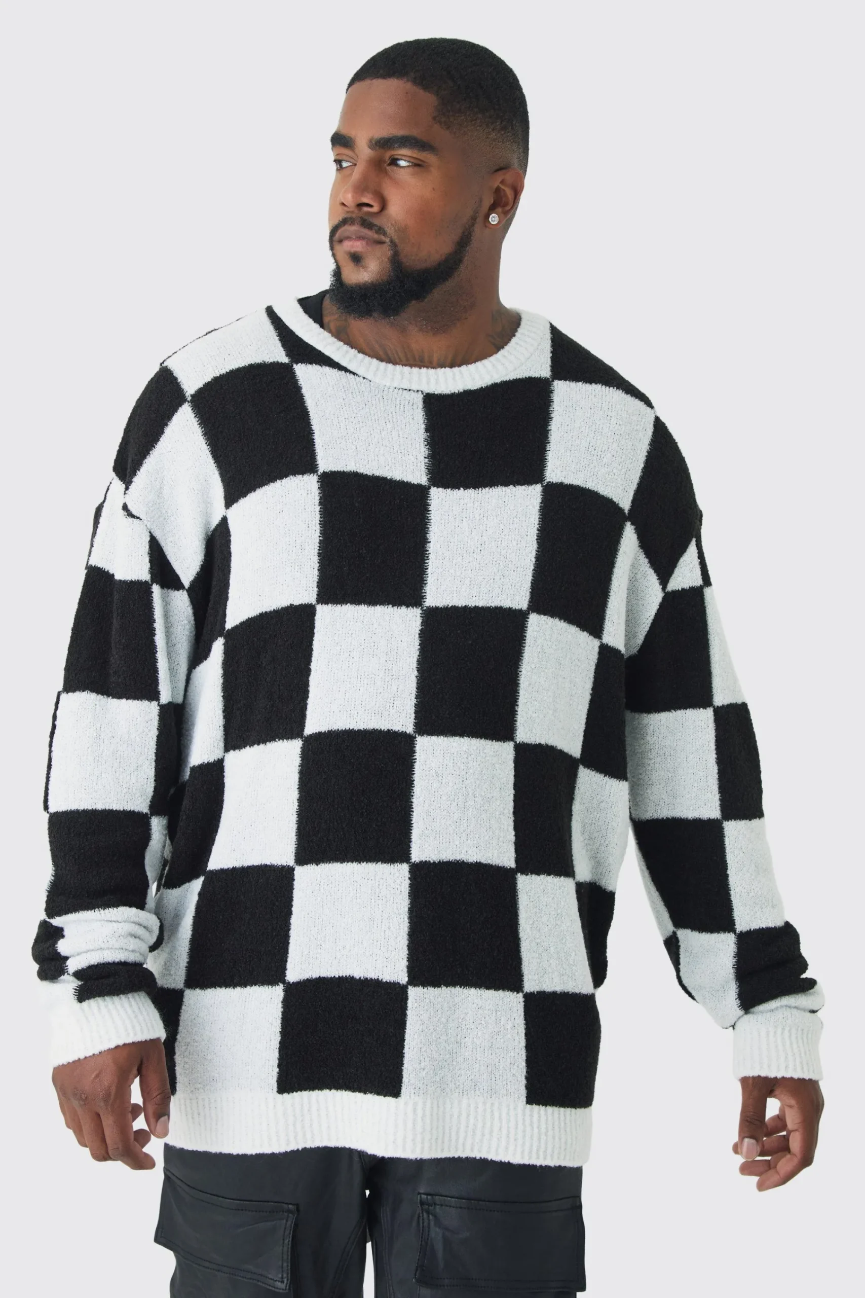 boohooMAN Plus Boucle Knit Checkered Crew Neck Jumper | UK| Knitwear