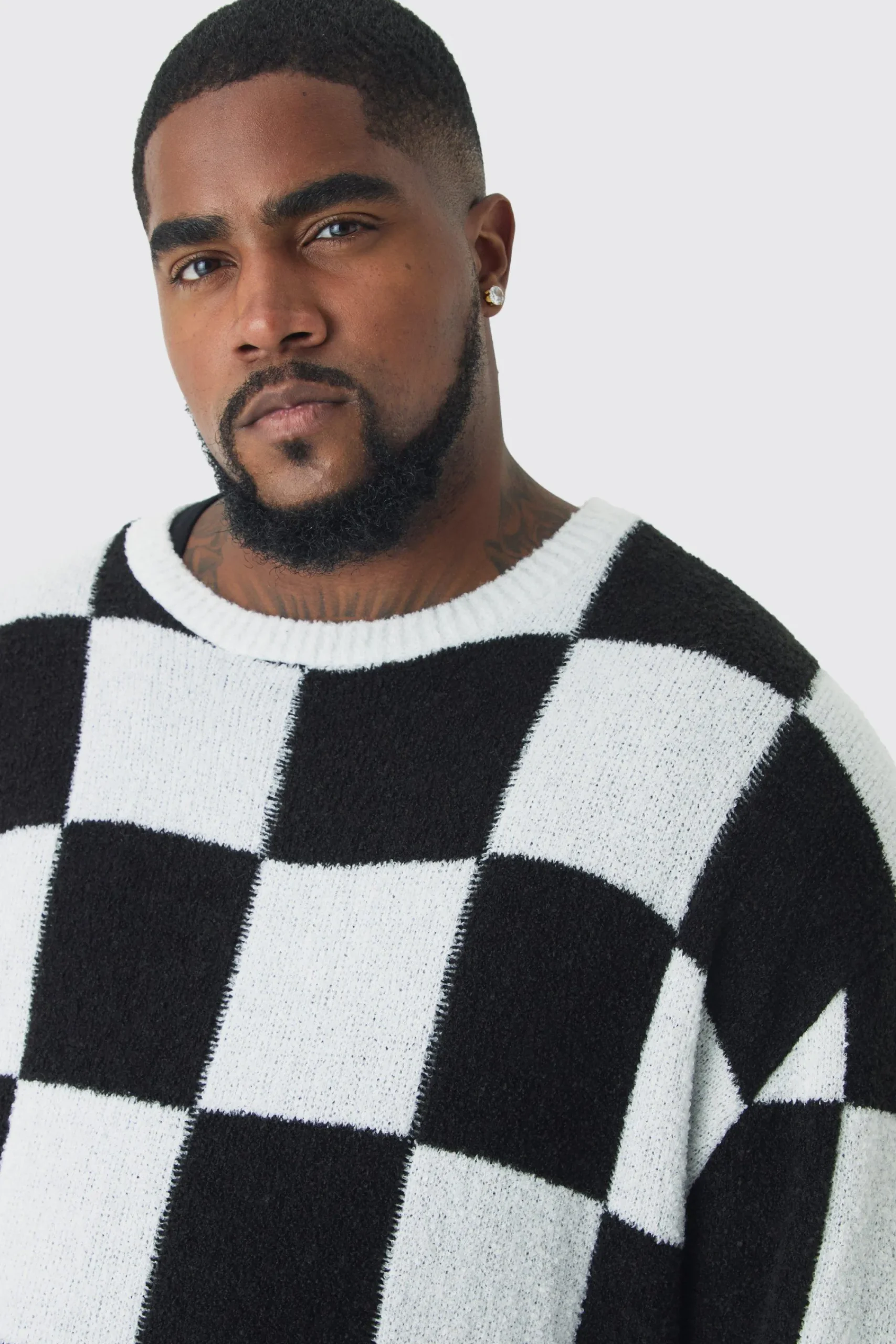 boohooMAN Plus Boucle Knit Checkered Crew Neck Jumper | UK| Knitwear