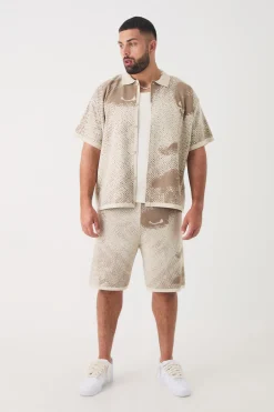 boohooMAN Plus Boxy Face Jacquard Knitted Shirt & Short Set | UK| Tracksuits