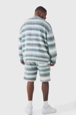 boohooMAN Plus Boxy Fit Knitted Brushed Stripe Cardigan | UK| Knitwear