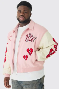 boohooMAN Plus Boxy Heart Applique Varsity Bomber | UK| Coats & Jackets