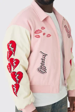 boohooMAN Plus Boxy Heart Applique Varsity Bomber | UK| Coats & Jackets