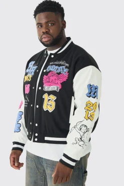 boohooMAN Plus Boxy Homme Badge PU Sleeve Varsity Jacket In | UK| Coats & Jackets