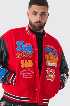boohooMAN Plus Boxy Homme Badge PU Sleeve Varsity Jacket In | UK| Coats & Jackets