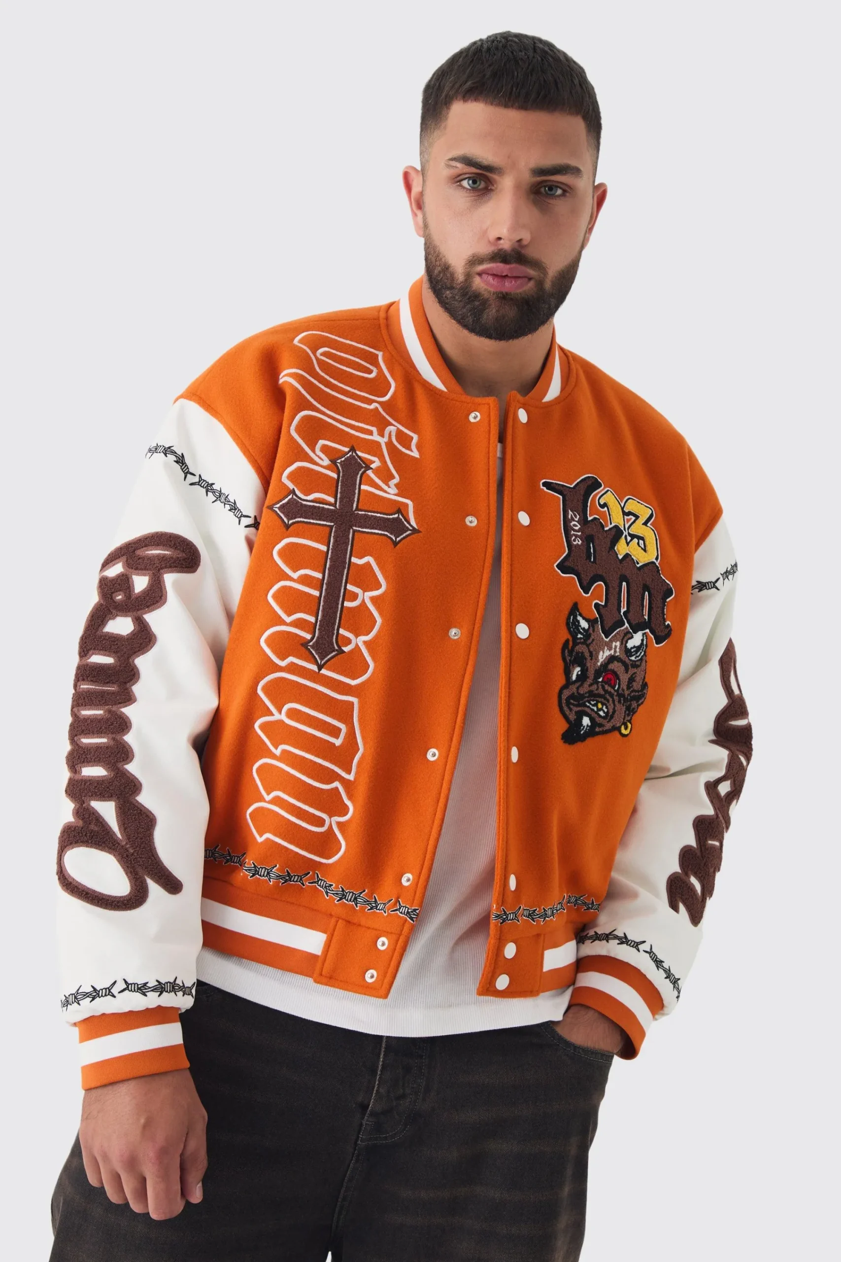 boohooMAN Plus Boxy Limited Badge PU Sleeve Varsity Jacket In | UK| Coats & Jackets