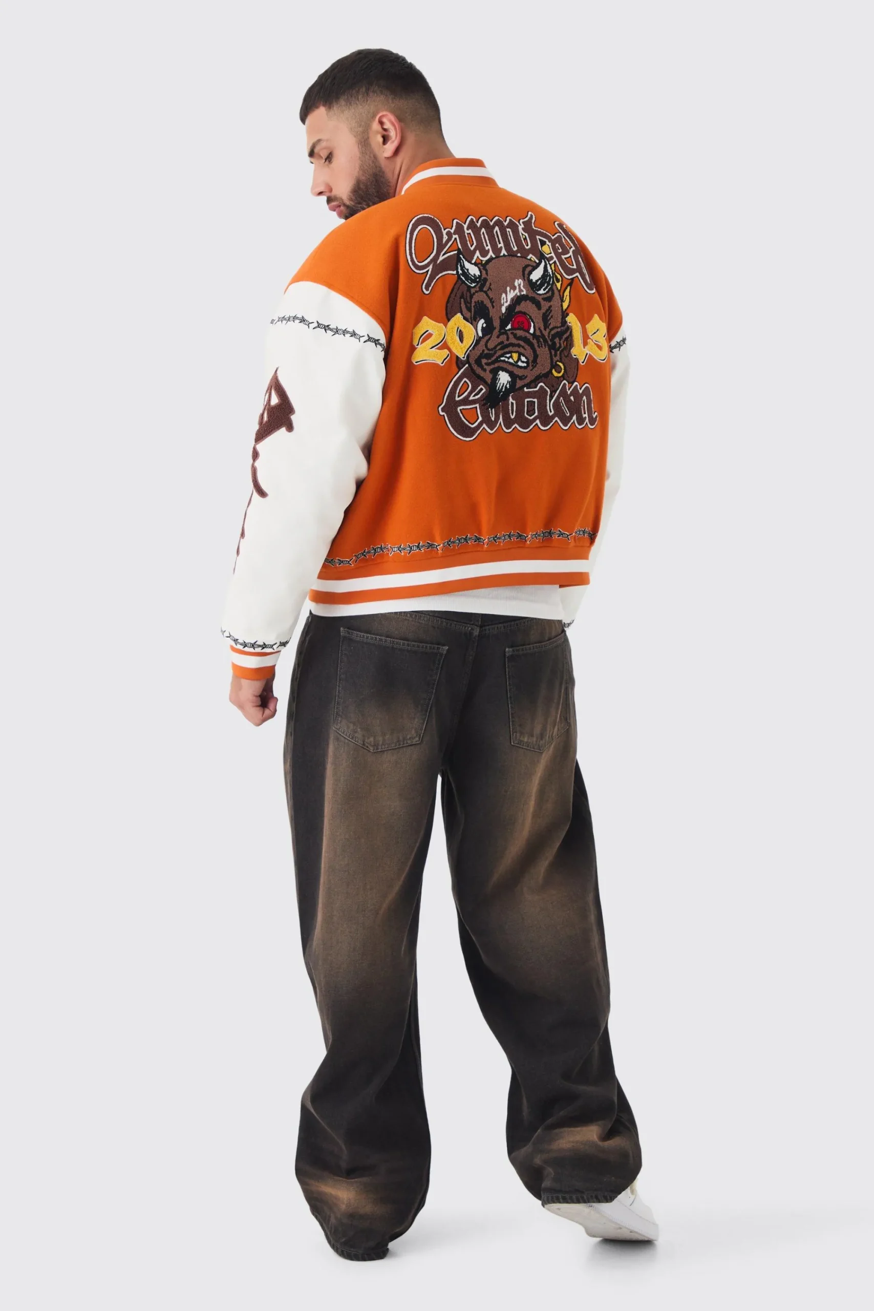 boohooMAN Plus Boxy Limited Badge PU Sleeve Varsity Jacket In | UK| Coats & Jackets