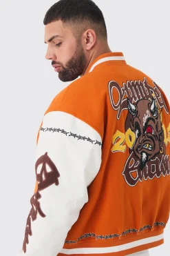 boohooMAN Plus Boxy Limited Badge PU Sleeve Varsity Jacket In | UK| Coats & Jackets