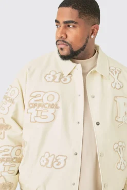 boohooMAN Plus Boxy PU Tonal Badge Varsity Jacket | UK| Coats & Jackets