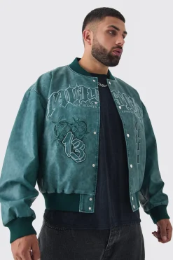boohooMAN Plus Boxy Tonal Badge Tumbled PU Varsity Jacket In | UK| Coats & Jackets