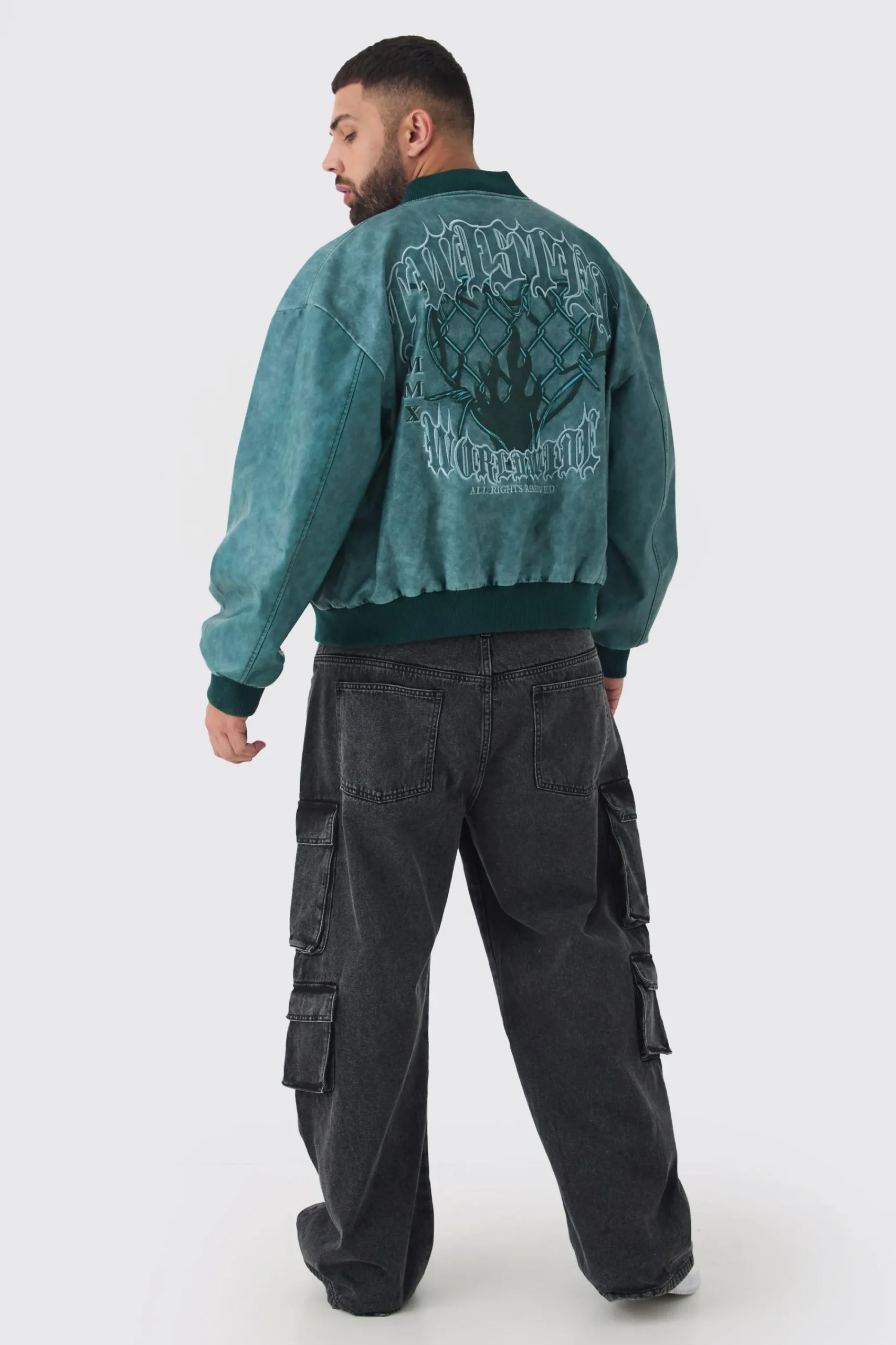 boohooMAN Plus Boxy Tonal Badge Tumbled PU Varsity Jacket In | UK| Coats & Jackets