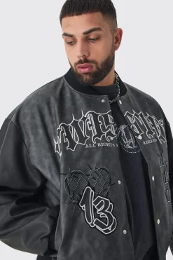 boohooMAN Plus Boxy Tonal Badge Tumbled PU Varsity Jacket In | UK| Coats & Jackets