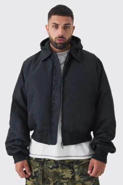 boohooMAN Plus Collared Boxy Bomber Jacket With Jersey Hood In | UK| Coats & Jackets