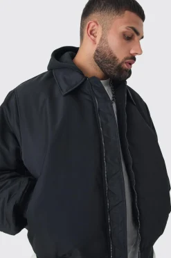 boohooMAN Plus Collared Boxy Bomber Jacket With Jersey Hood In | UK| Coats & Jackets