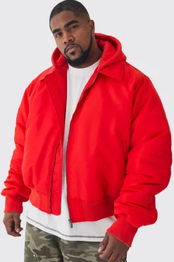 boohooMAN Plus Colla Boxy Bomber Jacket With Jersey Hood In | UK| Coats & Jackets