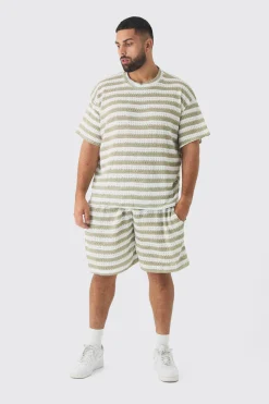 boohooMAN Plus Crochet Striped T-shirt And Short Set | UK| Tracksuits