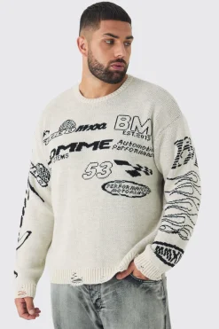 boohooMAN Plus Distressed Moto Crew Neck Jumper | UK| Knitwear