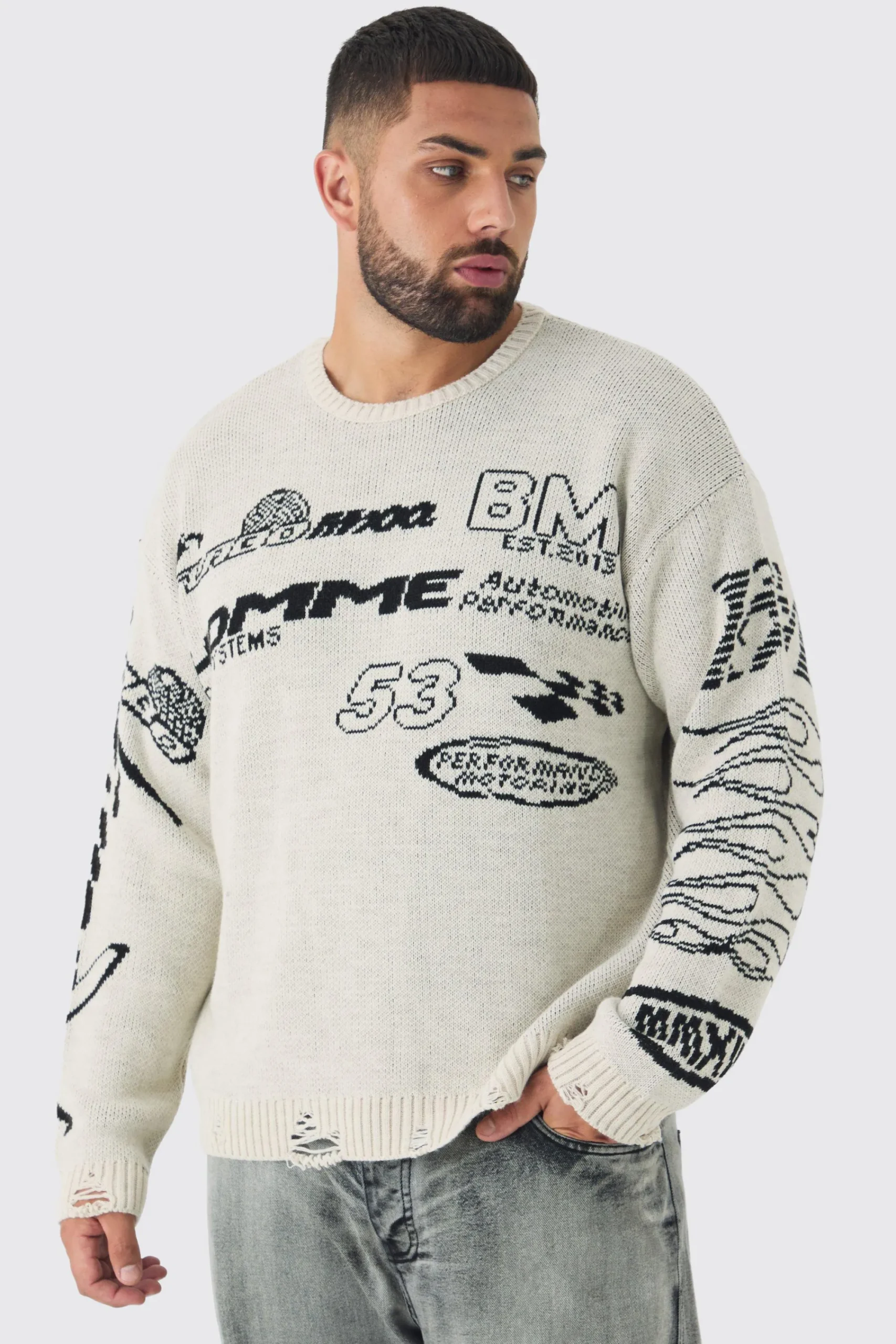 boohooMAN Plus Distressed Moto Crew Neck Jumper | UK| Knitwear
