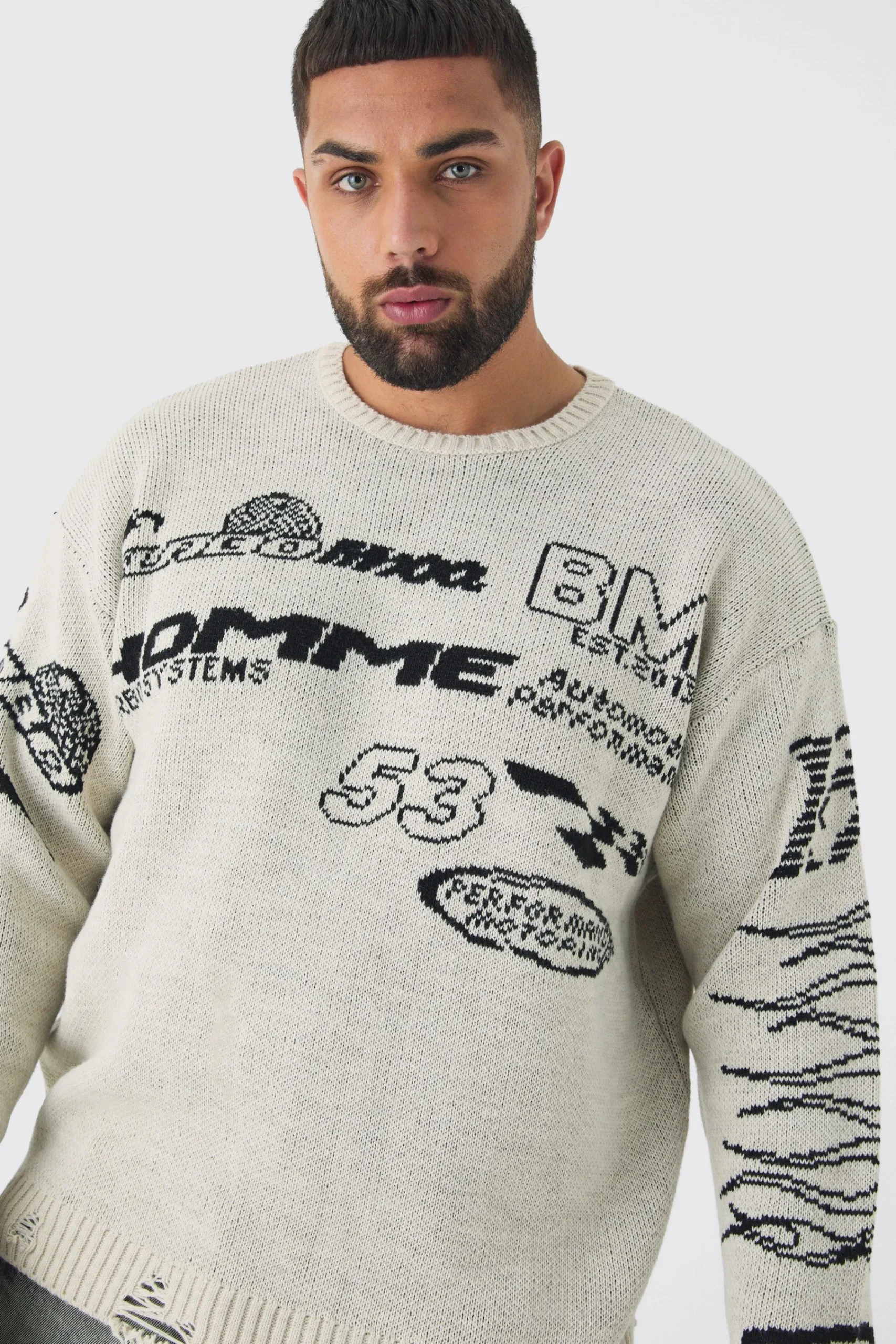 boohooMAN Plus Distressed Moto Crew Neck Jumper | UK| Knitwear